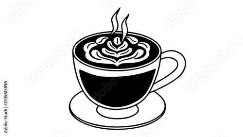 A cup of coffee with latte art and steam rising in a black and white line drawing illustration style created with generated ai