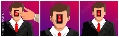 Man with red on/off switch in head. Mental block or mind control concept. Stress, burnout, or idea shut down.