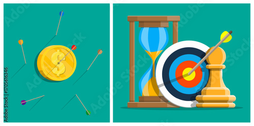 Illustration of financial and business goal setting. Money coin and target with hourglass for time management, strategy concept.