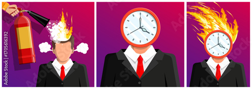 Man suffering job burnout with burning head and clock head. Businessman stressed from urgent deadline. Overworked employee frustration.