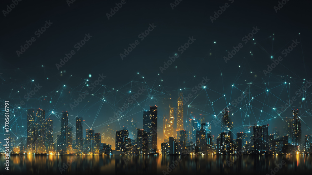 Fototapeta premium Twilight a city of modern business and smart digital innovation with a network of interconnected rewards over the cityscape of the future smart wireless digital city and social media network
