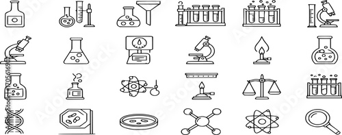 Science and Laboratory Icon Set. Chemistry and microbiology lab research, glassware, beakers, test tube, outline vectors