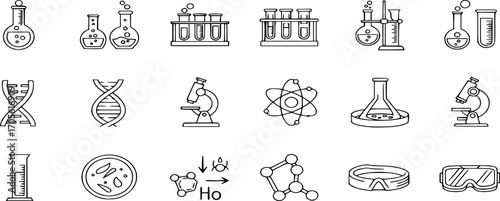 Science and Laboratory Icon Set. Chemistry and microbiology lab research, glassware, beakers, test tube, outline vectors
