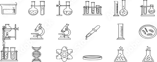Science and Laboratory Icon Set. Chemistry and microbiology lab research, glassware, beakers, test tube, outline vectors