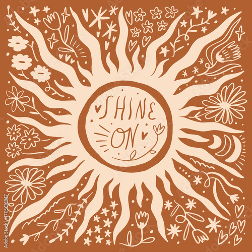 Groovy Sun Pattern with Shine On Text Lettering Floral Illustration Psychedelic Vibe Boho Vector Clip-art Ornate Illustrated Composition Background Print