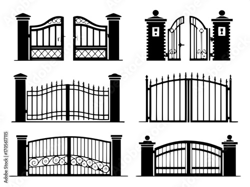 “Architectural catalog page showing twelve unique gate designs, illustrated in flat dark gray silhouettes, with varied top arches, decorative cutouts, and structural arrangements, positioned evenly in