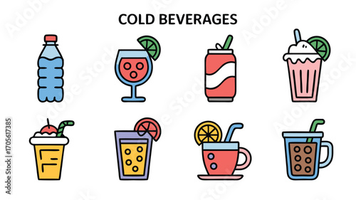 Collection of Refreshing Cold Drinks and Beverages in Various Styles for a Menu or Design Project