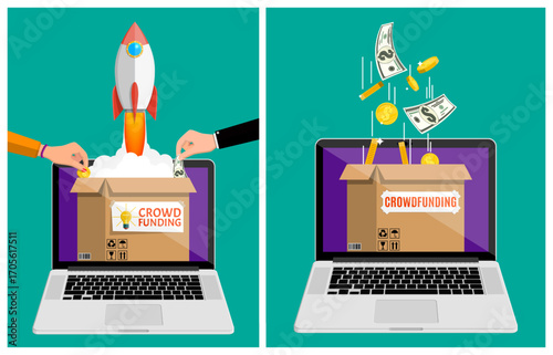 Woman and man crowdfunding on laptop with rocket launch and money coins. Online fundraising and startup project investment concept.