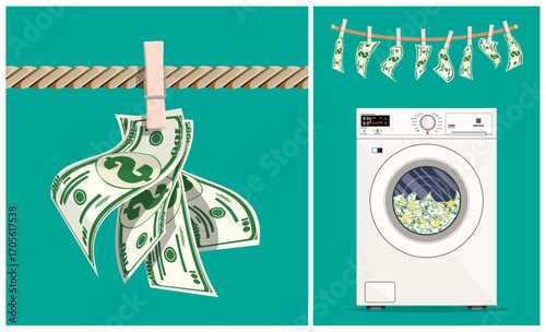 Money laundering concept. Dollars wash in washing machine and dry on clothesline. Illegal business metaphor. Financial crime and dirty cash.