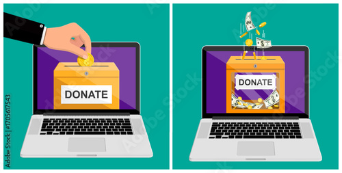 Man hand putting coin virtual donation box on laptop screen. Digital money charity. Online crowdfunding, financial giving.