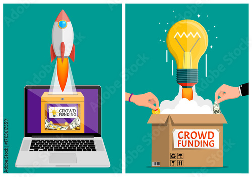 Crowdfunding concept with a rocket launching from a laptop screen and a light bulb from a box, receiving coins and money.