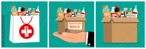 Man offering medical drug donation box. Healthcare charity and support concept. Pharmaceutical products in paper bag.