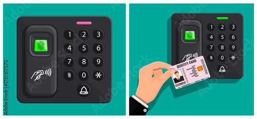 Man hand scanning identity card on access control device. Fingerprint data verification system. Biometric security for home and office.