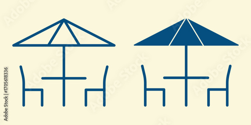 Cafe terrace icon set. Outdoor cafe seating icon sign vector. Cafe table icon, table and chair vector icon. Patio table with umbrella cafe chair table umbrella set.