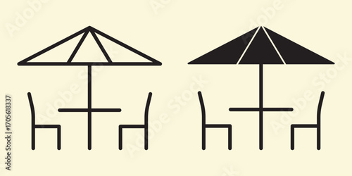Cafe terrace icon set. Outdoor cafe seating icon sign vector. Cafe table icon, table and chair vector icon. Patio table with umbrella cafe chair table umbrella set.