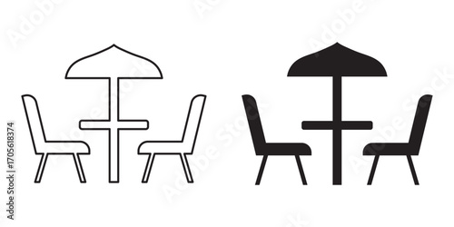 Cafe terrace icon set. Outdoor cafe seating icon sign vector. Cafe table icon, table and chair vector icon. Patio table with umbrella cafe chair table umbrella set.