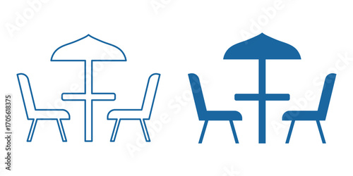 Cafe terrace icon set. Outdoor cafe seating icon sign vector. Cafe table icon, table and chair vector icon. Patio table with umbrella cafe chair table umbrella set.