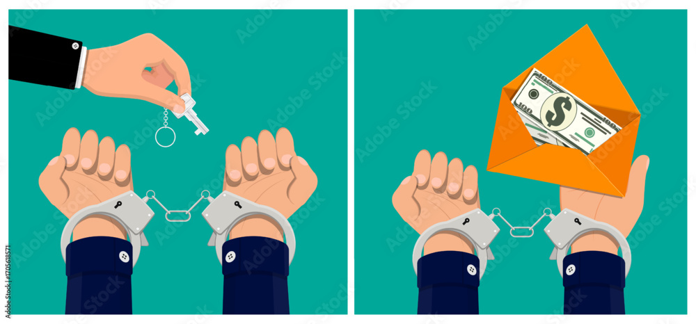 Obraz premium Man hand in black shirt cuff holding key, another man hand in blue shirt with handcuffs trying to get money for freedom. Bribery concept illustration.