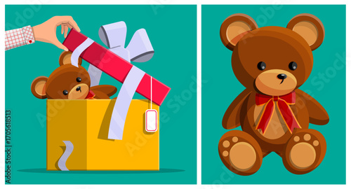 Hand putting a brown teddy bear toy into a yellow gift box with a red ribbon and white bow. Holiday present concept.