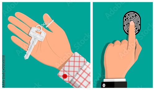 Man hand holding key and man finger scanning fingerprint. Security identification and access control concept in flat style.