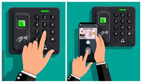 Man using biometric fingerprint scanner and smartphone for digital identification. Access control and security system concept.