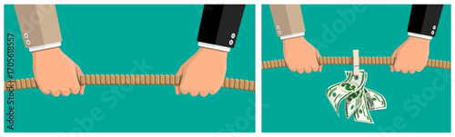 Two men pulling on a rope in a tug of war and money bills on a rope, concept of financial competition.