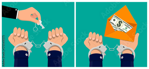 Man hand in black shirt cuff holding key, another man hand in blue shirt with handcuffs trying to get money for freedom. Bribery concept illustration.