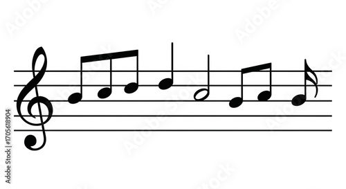 Musical notes on staff with treble clef isolated on transparent background