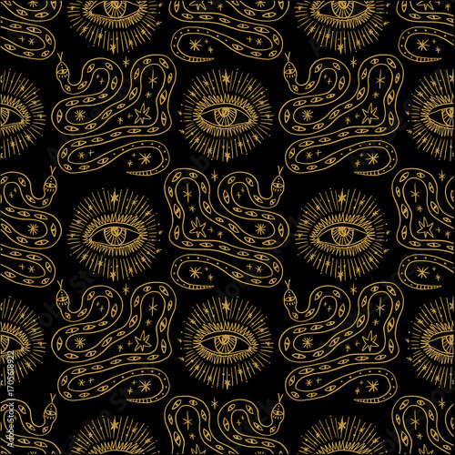 Mystical Serpent and Eye Celestial Illustration Seamless Stunning Gold Sacred Pattern Clipart
