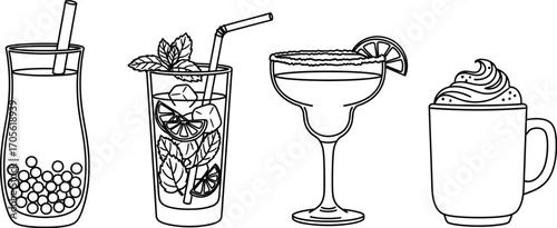 Illustration of various refreshing drinks, showcasing a diverse selection of beverages for different tastes and occasions