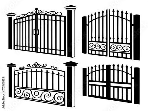 “Symmetrical graphic illustration of twelve different metal gates, solid dark gray silhouettes, direct frontal view, each featuring unique decorative patterns from traditional scrolls to modern linear