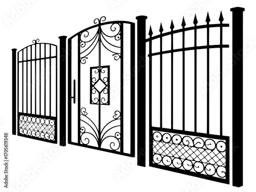 “Symmetrical graphic illustration of twelve different metal gates, solid dark gray silhouettes, direct frontal view, each featuring unique decorative patterns from traditional scrolls to modern linear
