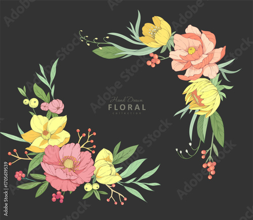 Botanic set of detailed various flowers and brunch. Luxury vintage floral collection for wedding invitation, wallpaper art or save the date card
