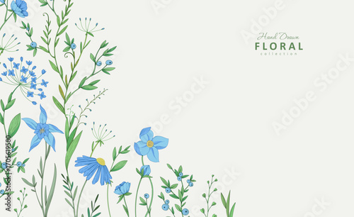 Floral bakground or wallpaper with blue wild flowers. Botanical foliage for wedding invitation or wall art. Vector illustration