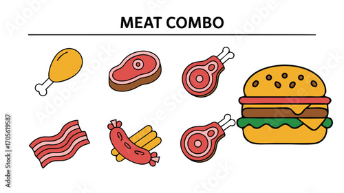 A Collection of Delicious Meat Icons Featuring a Burger and Other Savory Options