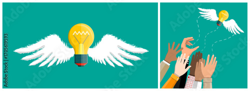 Hands reaching for flying light bulb with wings. Idea generation and creativity concept. Business innovation and inspiration.
