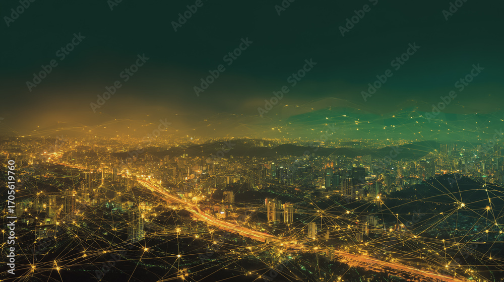 Naklejka premium Twilight a city of modern business and smart digital innovation with a network of interconnected rewards over the cityscape of the future smart wireless digital city and social media network
