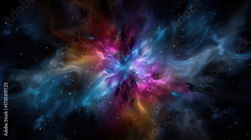 Colorful cosmic nebula with swirling gases and stars floating in dark space at the edge of the universe