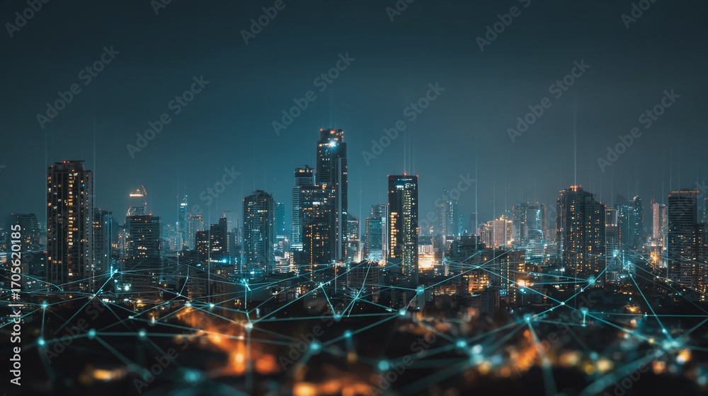 Fototapeta premium Twilight a city of modern business and smart digital innovation with a network of interconnected rewards over the cityscape of the future smart wireless digital city and social media network