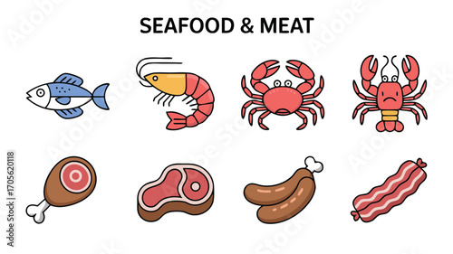 A Diverse Collection of Seafood and Meat Icons Representing Delicious Food Choices
