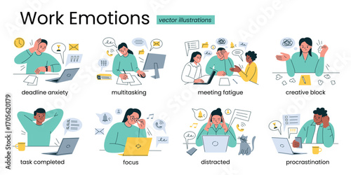 Collection of flat cartoon vector illustrations with office workers and employees, work emotions. Procrastination, burnout, deadline anxiety, creative block, focus, multitasking, meeting fatigue