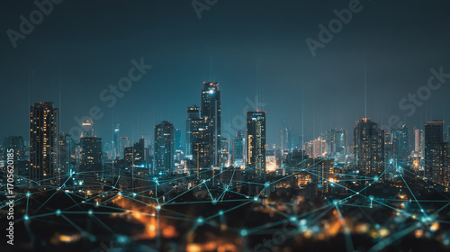 Wallpaper Mural  Twilight a city of modern business and smart digital innovation with a network of interconnected rewards over the cityscape of the future smart wireless digital city and social media network Torontodigital.ca