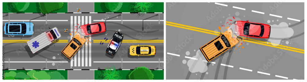 Φωτογραφία Car accident with ambulance, police patrol, and taxi on road