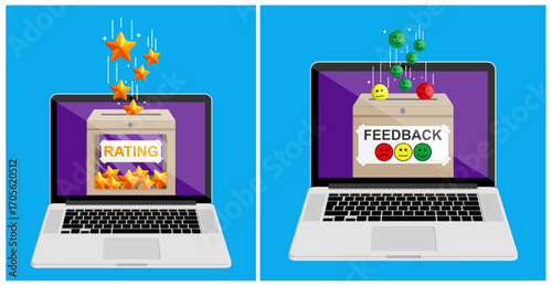Online customer feedback and rating concept shown on laptop screen. Digital review system for product or service evaluation.
