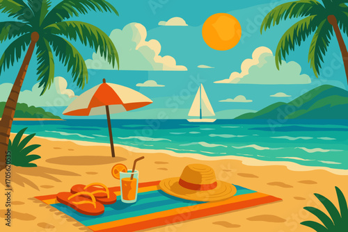 Tropical Beach Summer Vacation Illustration – Palm Trees, Sea, Sailboat, and Relaxation Scene