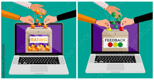 Woman and man hands giving rating and feedback on laptop with star and emoji icons. Customer review satisfaction.