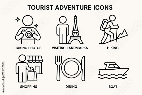 Tourist Adventure Icons Set – Travel, Hiking, Dining, Shopping and Sightseeing Vector