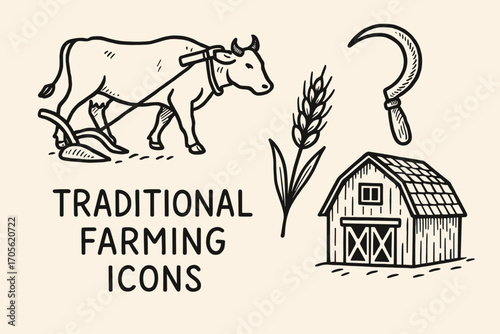 Traditional Farming Icons Set – Vintage Agriculture and Rural Life Symbols