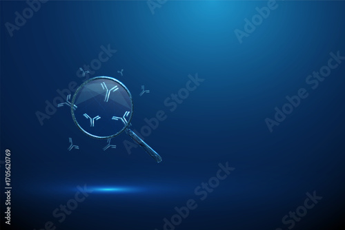 3d blue antibodies under magnifying glass. Infection detection, medical research, disease prevention, health monitoring, biotechnology concept.