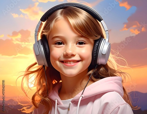 Girl wearing headphones, sunset background